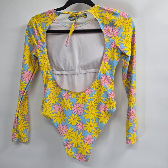 Yellow 70s style daisy print One Piece Swimsuit Rashguard Small - Picture 2 of 9